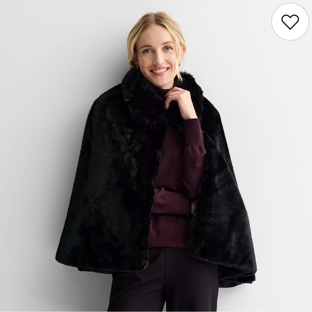 Nine West NWT Black Faux Fur Cape Coat - Elegant Outerwear- One Size